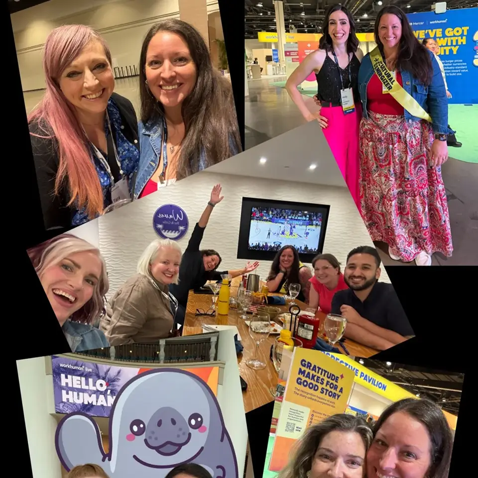A collage of joyful moments from a Workhuman event featuring several groups of women posing together and smiling, some holding drinks, and one woman in a colorful dress with a sash. Backgrounds include event signage with the phrases "We've got growth with 'GRATITUDE'" and "HELLO HUMAN." A large screen displaying a sports game is visible in one of the images. The collage captures the camaraderie and celebratory spirit of the occasion.