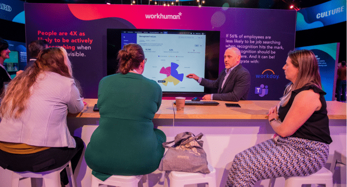 A man in a suit stands at a presentation table gesturing towards a screen displaying data and insights. Seated in front of him are four attendees, all engaged in the discussion, with one wearing a green top and another in patterned pants. The background features colorful branding and text emphasizing the importance of employee recognition, stating 